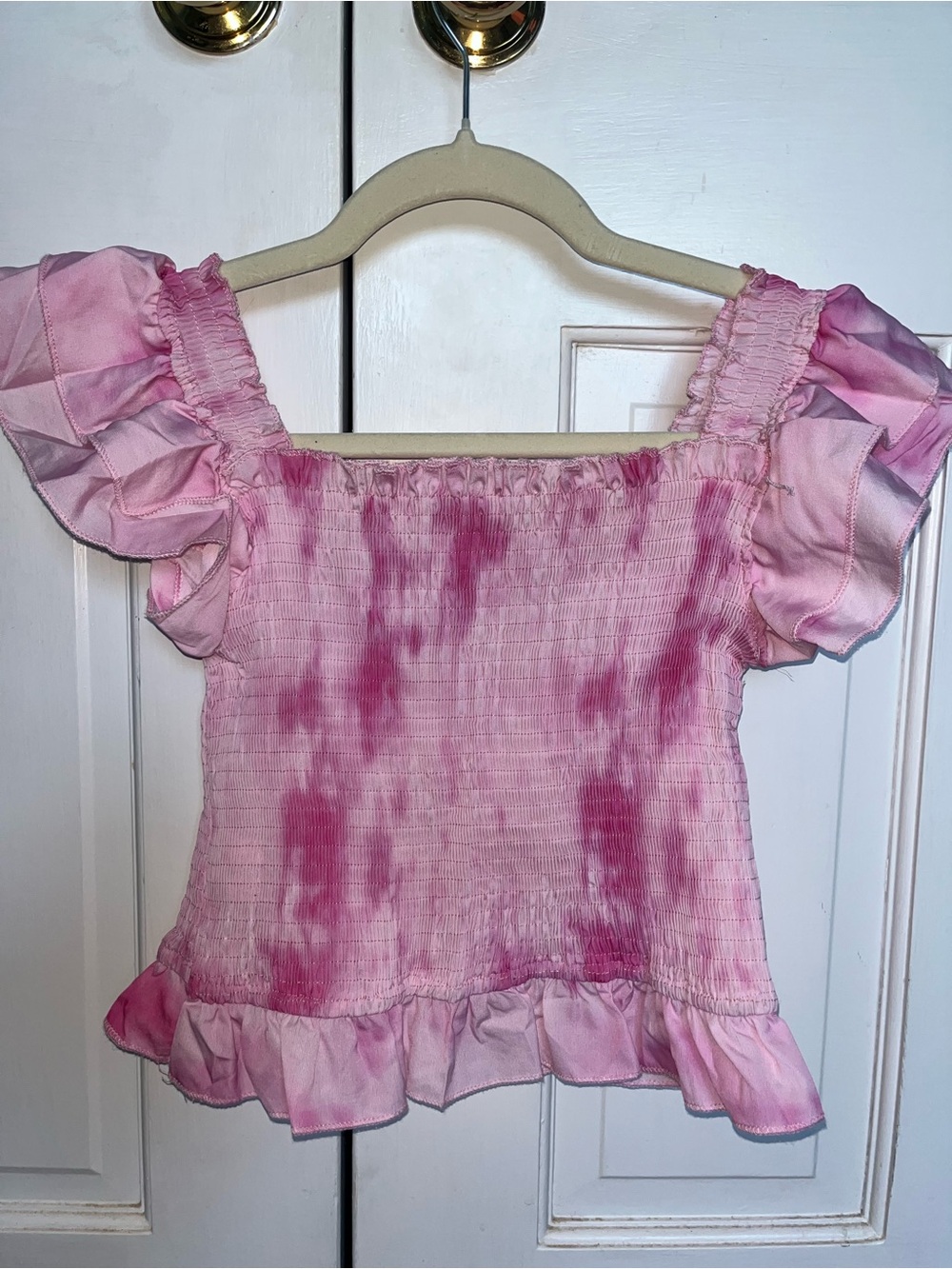 Pink Tie-Dye Smocked Ruffle Sleeve Crop Top — NEVER WORN